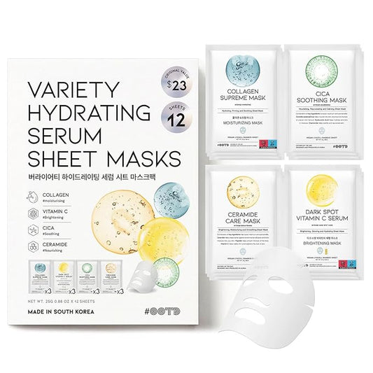 #OOTD Face Mask Korean Skincare for Dry Sensitive Skin | Hydrating, Revitalizing, Calming, Collagen, Ceramide, Cica, Vitamin C Serum Sheet Masks (12EA)-FemmiqueWomen