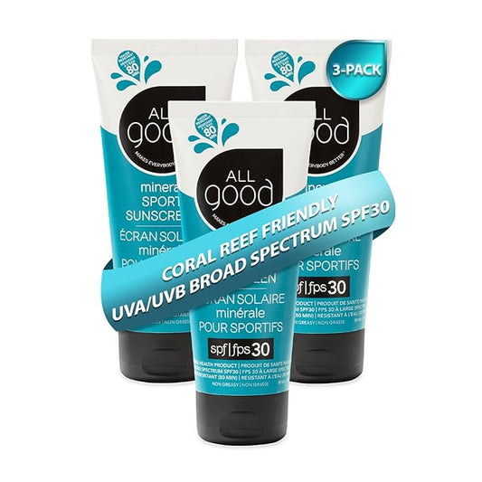 All Good Sport Mineral Sunscreen Lotion - Coral Reef Friendly, Water & Sweat Resistant, Face & Body, UVA/UVB Broad Spectrum SPF 30+ (3 oz)(3-Pack)-FemmiqueWomen