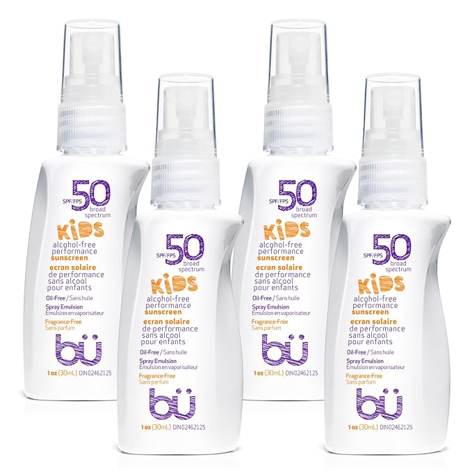 BU SPF 50 Fragrance Free Kids Sunscreen Spray for Face and Body, TSA Travel Size Sunscreen, Clear Non Aeorsol Spray, Non Greasy, Water Resistant and Oil Free, 1 oz (4-pack)-FemmiqueWomen