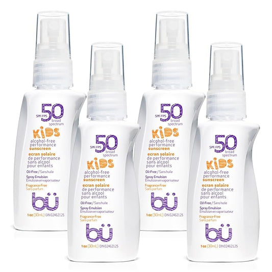 BU SPF 50 Fragrance Free Kids Sunscreen Spray for Face and Body, TSA Travel Size Sunscreen, Clear Non Aeorsol Spray, Non Greasy, Water Resistant and Oil Free, 1 oz (4-pack)-FemmiqueWomen