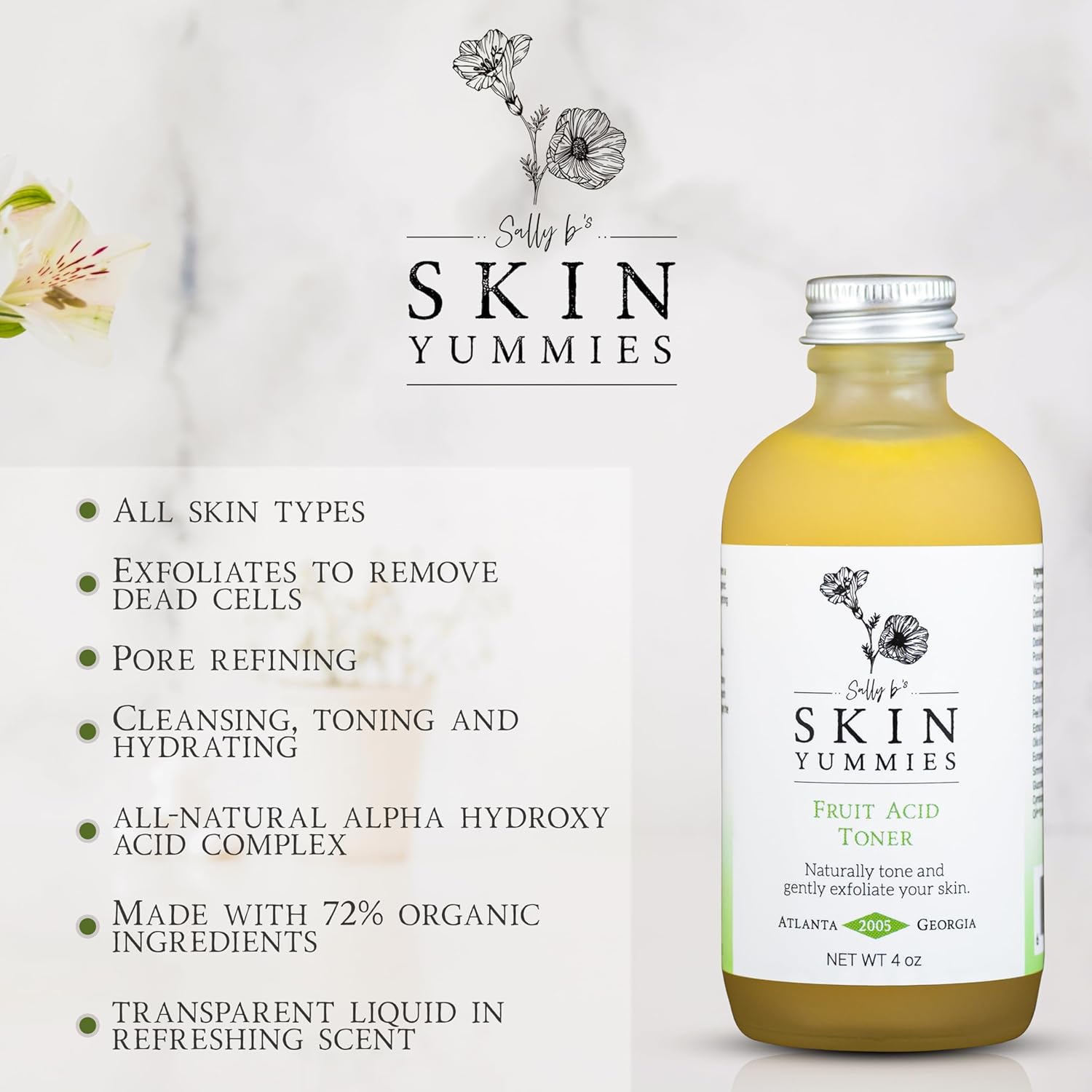 Sally B's Fruit Acid Face Toner and Daily Exfoliator/Alpha Hydroxy Acid (AHA) / 5 in 1 Action: Astringent, Cleansing, Calming, Exfoliating, and Hydrating / 4OZ-FemmiqueWomen