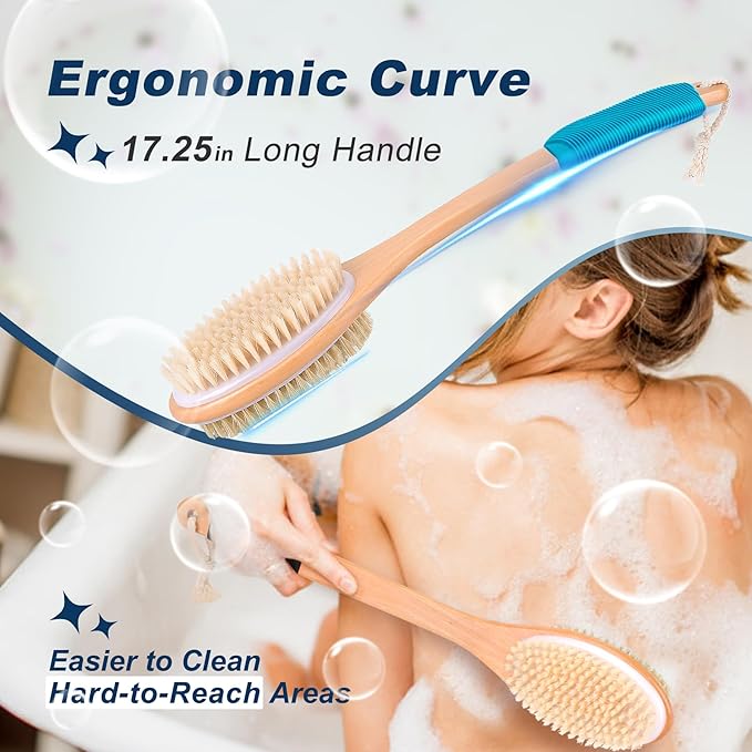 Long Handle Ergonomically Back Scrubber/Brush for Shower, Double Sided Exfoliating Body Scrubber for Women and Men (Light Blue)