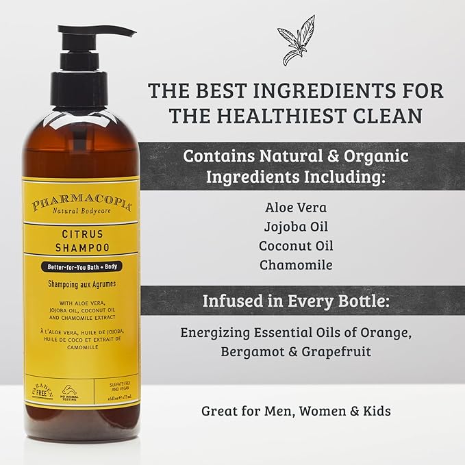 Pharmacopia Citrus Shampoo - Natural Hair Care with Plant Based & Organic Ingredients Aloe Vera, Jojoba Oil, Coconut Oil, and Chamomile Extract - Vegan, Cruelty Free, No Parabens or Sulfates, 16 oz-FemmiqueWomen