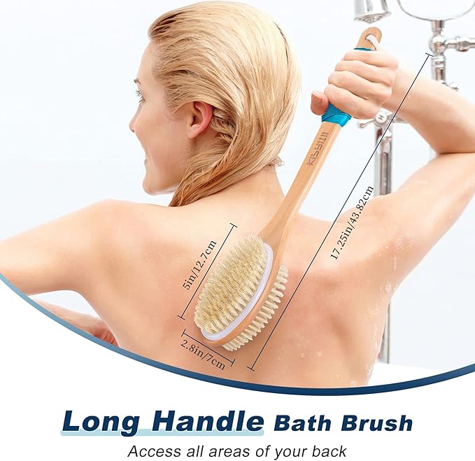 Long Handle Ergonomically Back Scrubber/Brush for Shower, Double Sided Exfoliating Body Scrubber for Women and Men (Light Blue)