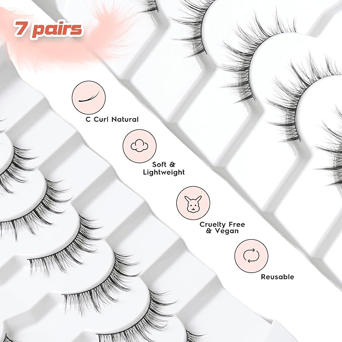 Manga Lashes Natural False Eyelashes 10MM Short Anime Lashes Thin Band Korean Lashes 3D Volume Strip Lashes Wispy Manhua Eyelashes 7 Pair Asian Lashes Siligli-FemmiqueWomen