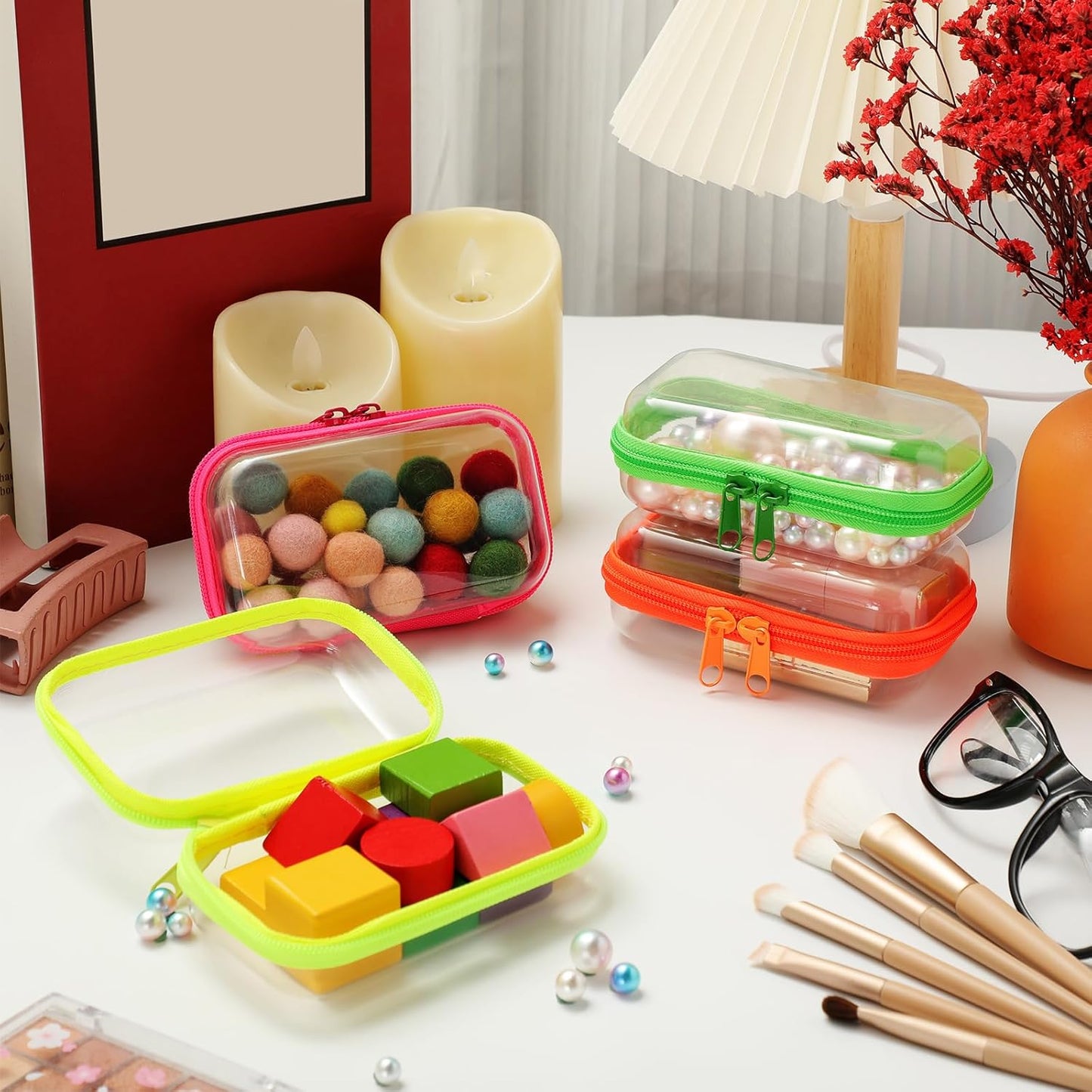 Hoolerry 4 Pcs Hard Clear Zipper Case Makeup Bags Plastic Pencil Pouch Transparent Storage Box Containers for Cosmetics, Snacks, Building Blocks, Puzzles(Fluorescent,5 x 3 x 2 in)-FemmiqueWomen