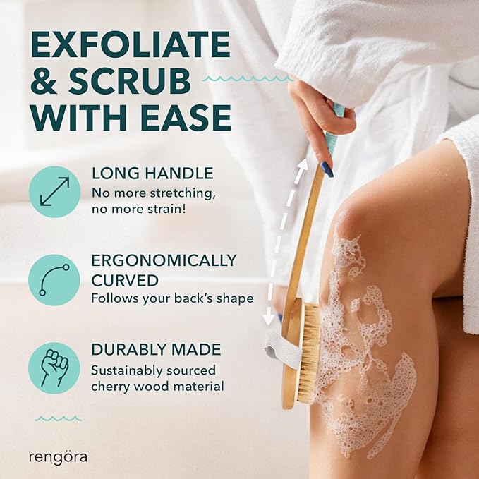 Long Handled Back Scrubber for Shower 18"" Handle Boar Bristle Back Brush – Wooden Bath Brush, Back Scrubbing Brush, Shower Brush, Body Scrub Brush, Bath Brush Long Handle for Shower by rengöra