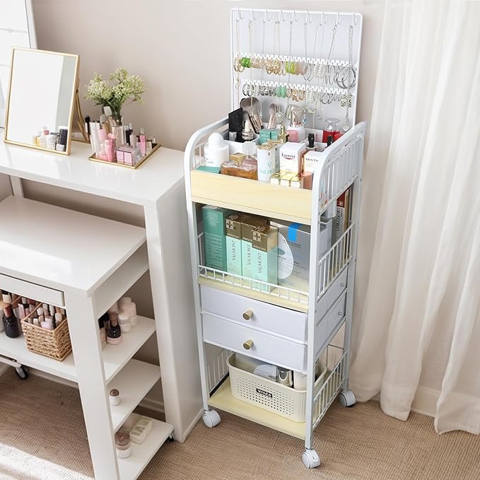 YGJT Makeup Organizer, Floor Skincare Cosmetics Organizer with Drawers, Jewelry Organizers and Storage for Earring Necklace, Vanity Organizer for Skin Care Perfume Makeup Brush Nail Polish Hair Tool-FemmiqueWomen