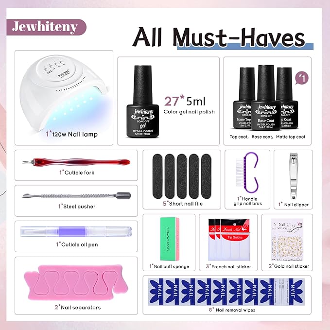 JEWHITENY 27 Colors Nail Polish Kit with U V Light, U V LED Nail Dryer Lamp Curing Gel Nail Polish Set Popular Gel Polish Set DIY at Home, Nail Manicure Tools-FemmiqueWomen