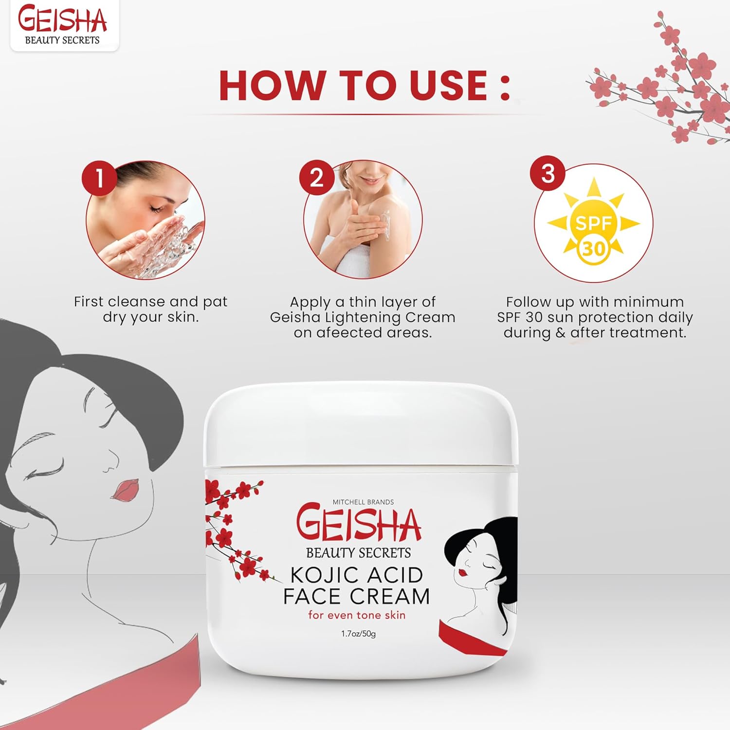 Geisha Kojic Acid Cream - 1.7 fl oz / 50 ml - Skin Brightening Cream for Face, Body, Hands - with Glycolic Acid-FemmiqueWomen