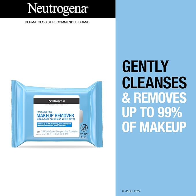 Neutrogena Fragrance-Free Makeup Remover Wipes, Daily Facial Cleanser Towelettes, Gently Removes Oil & Makeup, Alcohol-Free Makeup Wipes, 25 ct-FemmiqueWomen