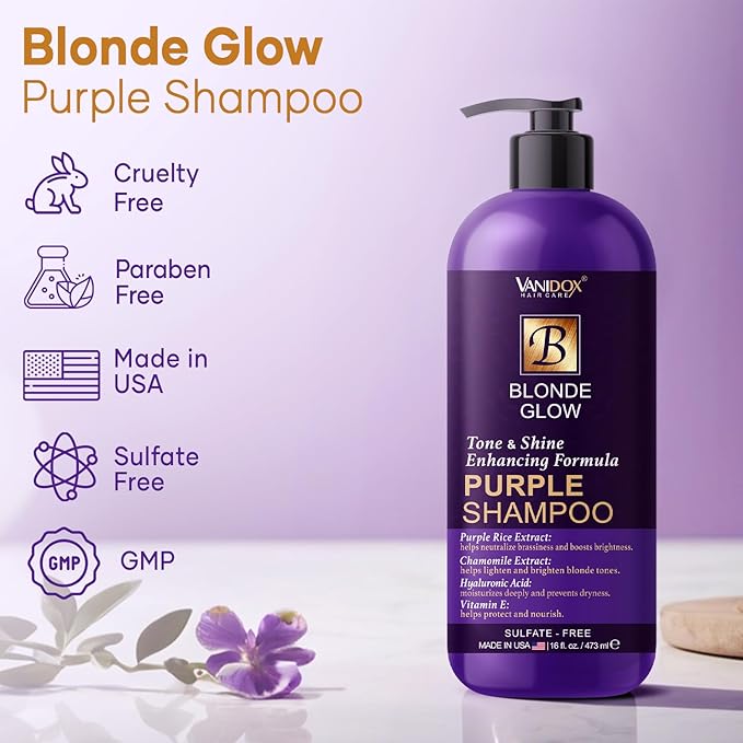 Sulfate Free Brass Toning Purple Shampoo for Blondes, Brown Highlighted, or Bleached Hair, Infused with Purple Rice Extract, Hyaluronic Acid, Vitamin E, and Chamomile Extract (16 fl oz)-FemmiqueWomen