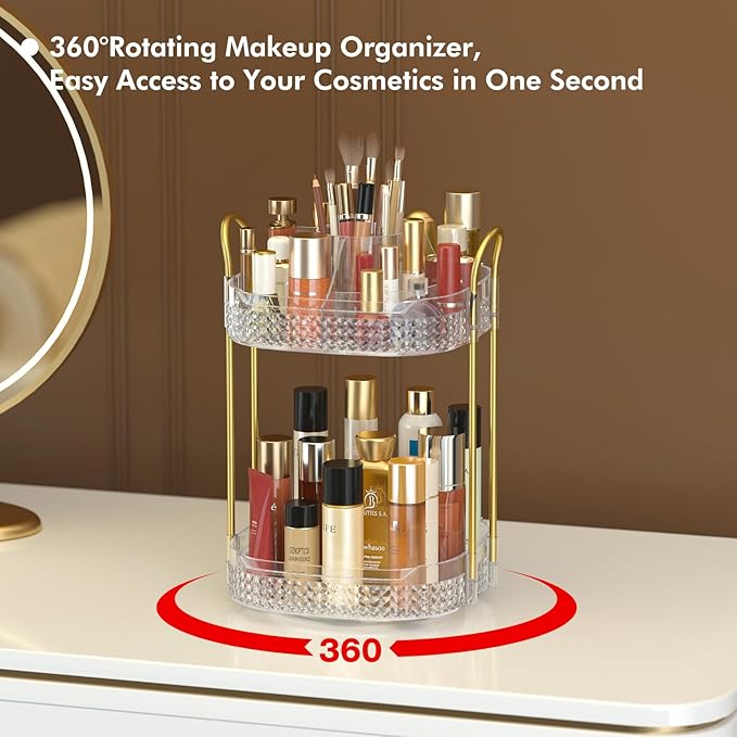 Awenia Rotating Makeup Organizer 360, Stackable Adjustable Large Capacity Cosmetic Storage Unit,Dresser Bathroom Kitchen Countertop Organizer with Metal Handle, Plus Size (Clear, 2 Tier)-FemmiqueWomen