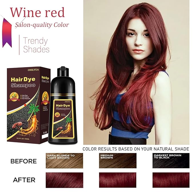 Burgundy Hair Dye Shampoo 3-IN-1,Gray Hair Coverage for Women & Men, Instant & Long-lasting Hair Color in Minutes, Pure Plant Extract Color Shampoo Hair Dye Kit for All Hair Types(Wine Red)-FemmiqueWomen