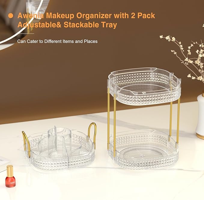 Awenia Rotating Makeup Organizer 360, Stackable Adjustable Large Capacity Cosmetic Storage Unit,Dresser Bathroom Kitchen Countertop Organizer with Metal Handle, Plus Size (Clear, 3 Tier)-FemmiqueWomen