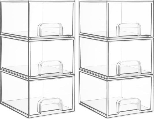Vtopmart 6 Pack Clear Stackable Storage Drawers, 4.4'' Tall Acrylic Bathroom Makeup Organizer,Plastic Storage Bins For Vanity, Undersink, Kitchen Cabinets, Pantry, Home Organization and Storage-FemmiqueWomen