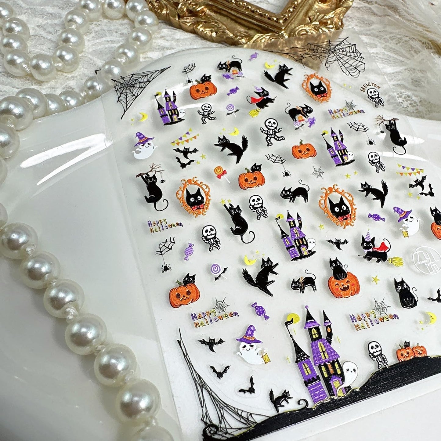 1 Sheets Embossed Halloween Nail Stickers for Nail Art Cute Pumpkin Black Cat Nail Decals Self-Adhesive Horror Ghost Skeleton Nail Art Stickers 5D Spider Web Nail Design Decals for Women-FemmiqueWomen