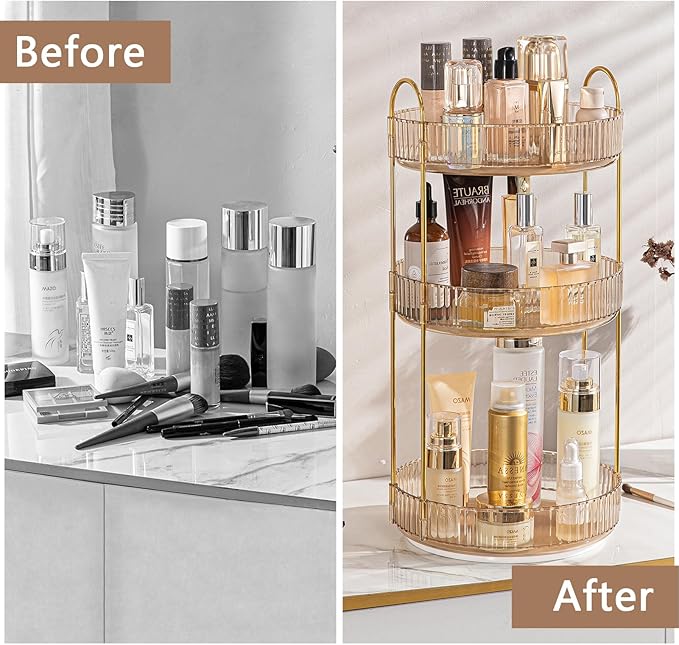 Rotating Makeup Organizer for Vanity, High-Capacity Skincare Clear Make Up Storage Perfume Organizers Cosmetic Dresser Organizer Countertop 360 Spinning (Gold, 3 Tier)-FemmiqueWomen