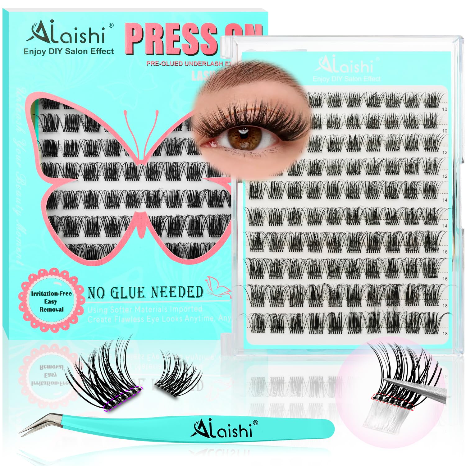 No Glue Needed Lashes, Self Adhesive Eyelashes, DIY Lash Eyelash Extensions Kit 10‑18mm,100pcs Fluffy D Curl Soft Natural Lashes with Tweezers–Fake Cat Eye Wispy Individual Clusters NG2031-1-FemmiqueWomen