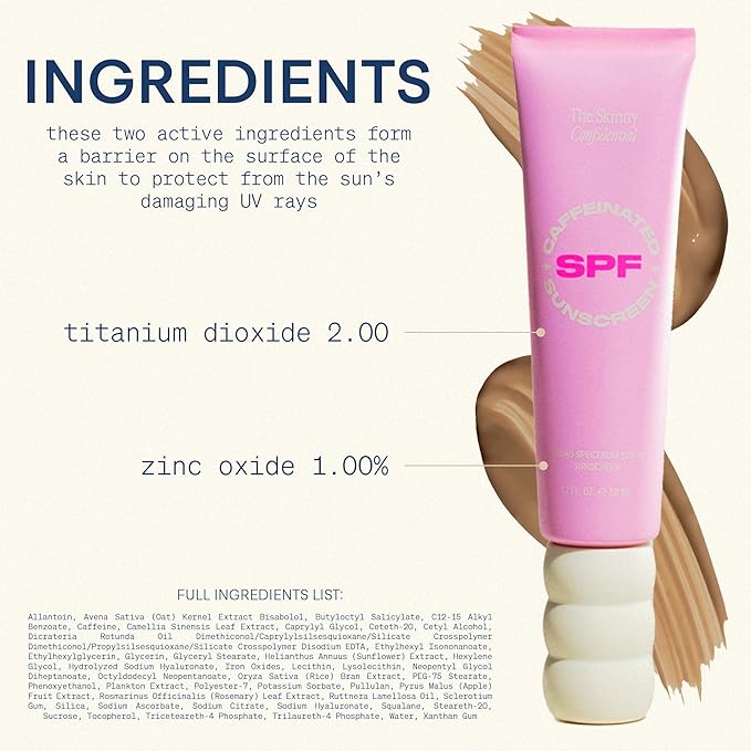 The Skinny Confidential Caffeinated Mineral Sunscreen, SPF 40 - Fragrance-Free Face Sunscreen with No White Cast - Non-Greasy & Lightweight Sun Screen Lotion Reduce Wrinkles, Redness & Puffiness-FemmiqueWomen