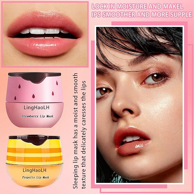 2PCS Bee Lip Balm,Hydrating Honey Pot Lip Balm with Stick,Non-Greasy Silky Sleeping Lip Mask Set,Long Lasting Lip Scrubs Moisturizer for Dry Cracked Lips(Honey +Strawberry)-FemmiqueWomen