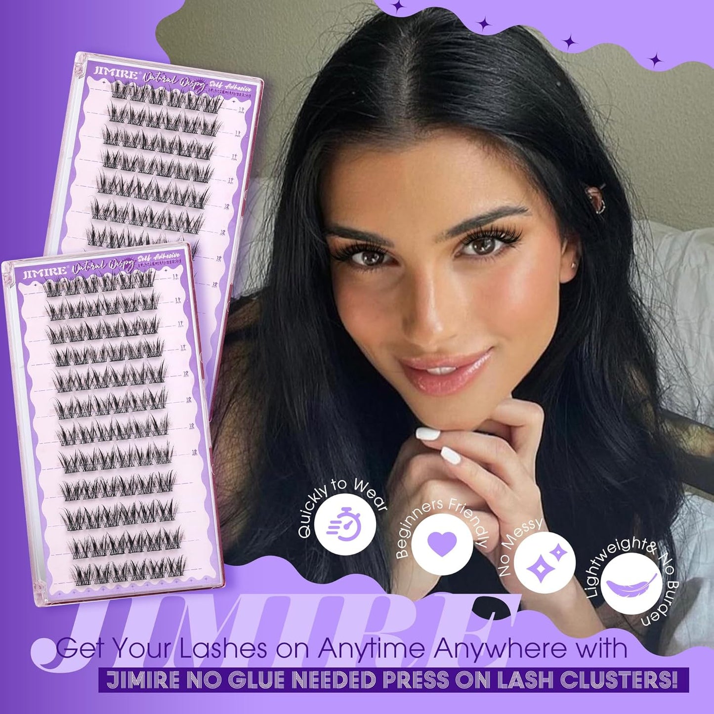 JIMIRE Self Adhesive Eyelashes Manga Lash Clusters Natural Look 11-13MM Wispy Pre Glued Lashes Clusters No Glue Needed Press on Lashes Reusable Invisible Band Fluffy Cluster Eyelash Extensions-FemmiqueWomen