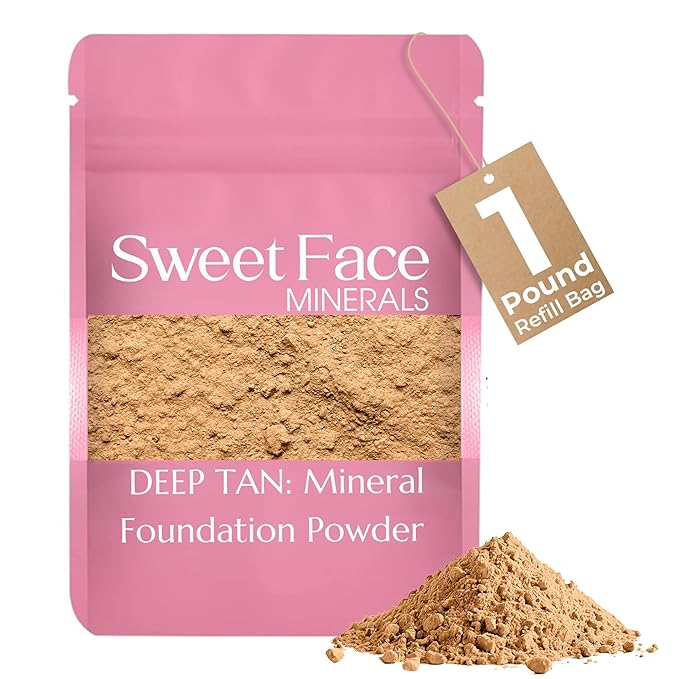 (1 Pound) (Deep Tan) Foundation Powder Refill By Sweet Face Minerals, Lightweight Mineral Loose Makeup Powder with SPF 20, Full Coverage Flawless Finish, Talc-free, Cruelty-Free, Refillable Pouch-FemmiqueWomen
