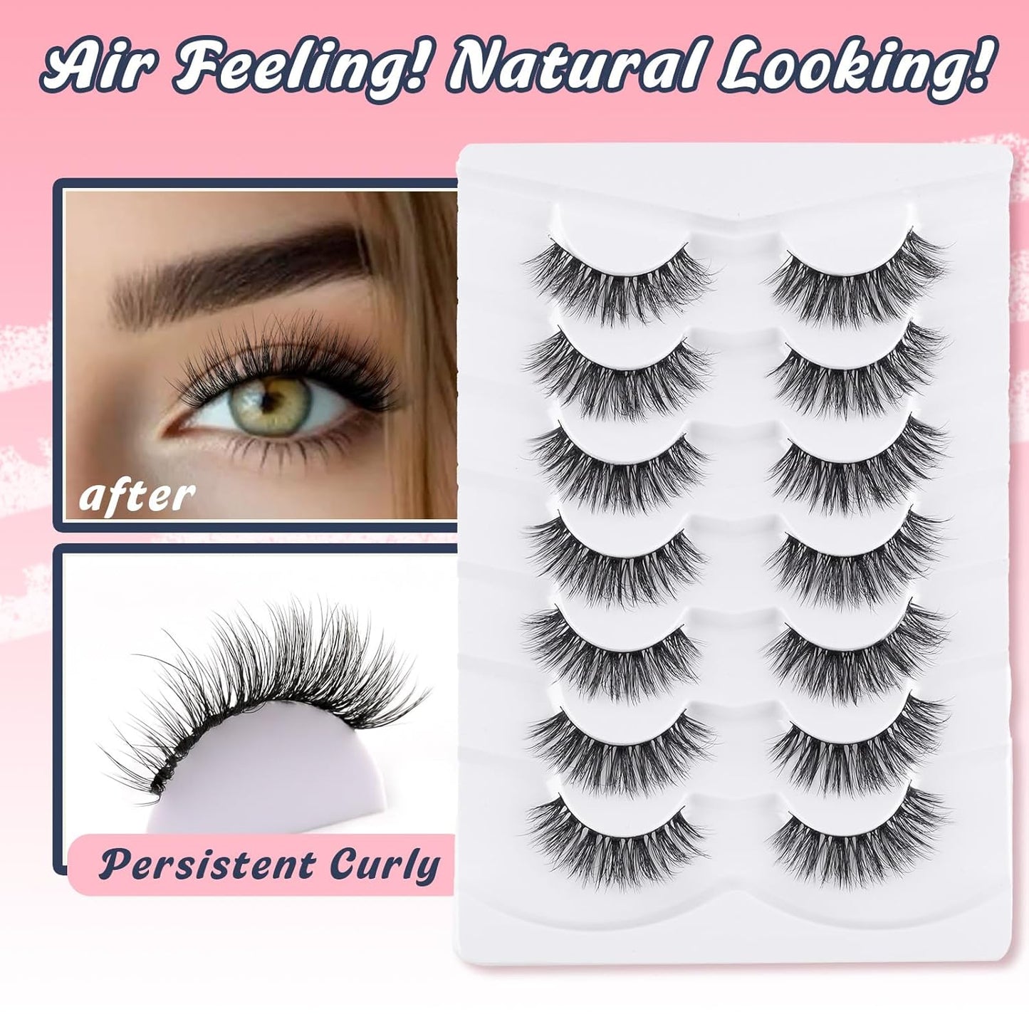 Wispy Lashes False Eyelashes Natural 16mm Fluffy Eyelashes Strip Lashes Pack 3D Volume Lashes 0.1MM Extra Thin Cotton Band Fake Eyelashes Soft Full Lashes C Curl Lashes Pack Siligli 7 Pair-FemmiqueWomen