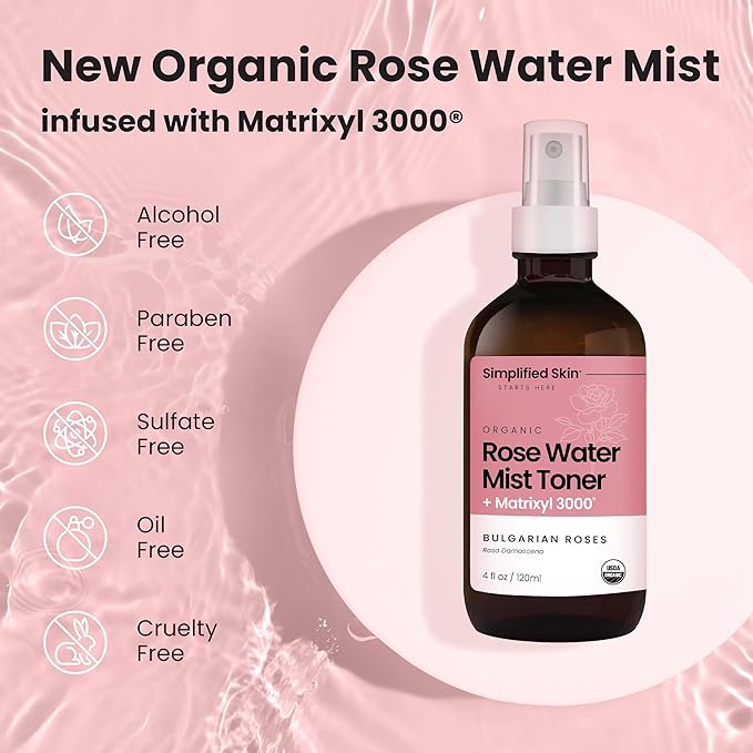 Rose Water Spray for Face with Matrixyl 3000 - Organic Rosewater Face Mist with Aloe Vera & Hyaluronic Acid - Hydrating, Reduces Fine Lines, Boosts Collagen Production, & Soothes Skin - 4 Fl Oz-FemmiqueWomen