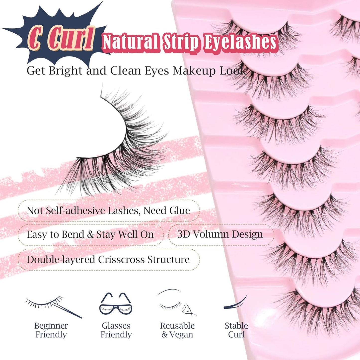 False Lashes Natural Wispy Eyelashes 11mm Short Lashes 3D Volume Fake Eyelashes Thin Cotton Band C Curl Soft Strip Eye Lashes Pack 7 Pairs Siligli-FemmiqueWomen