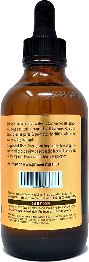 PRIME NATURAL Rose Water Spray 4oz/120ml, USDA Certified Organic, Facial Toner, Hydrating Mist for Face & Hair - Bulgarian, 100% Pure, Natural, Preservative-Free, Moisturizer from Fresh Rose Petals-FemmiqueWomen