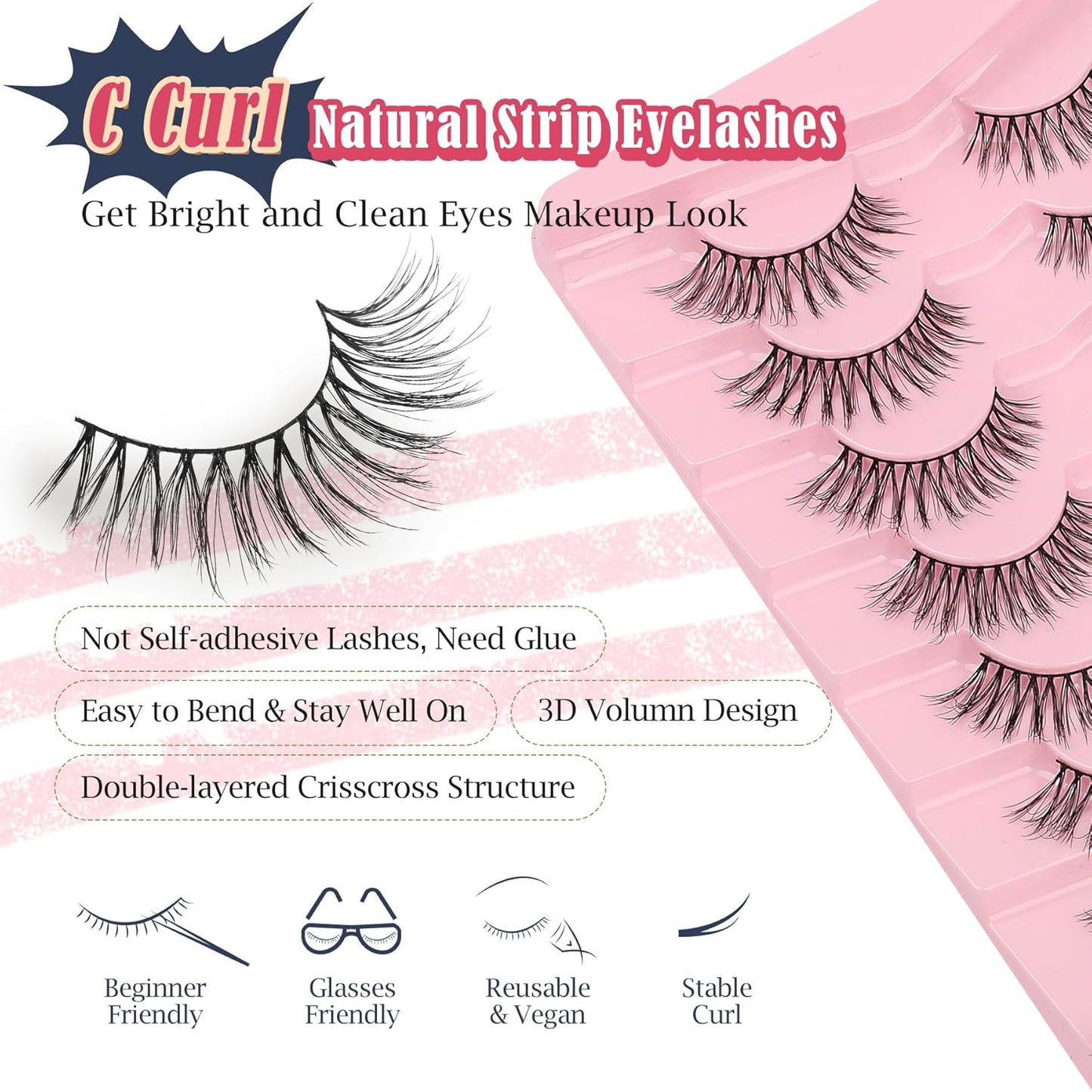 Eyelashes Natural Cat Eye Lashes Wispy C Curl 16mm Strip Lash False Eyelashes Fluffy Eye Lashes 3D Volume Wispy Eyelash Siligli 7 Pair-FemmiqueWomen