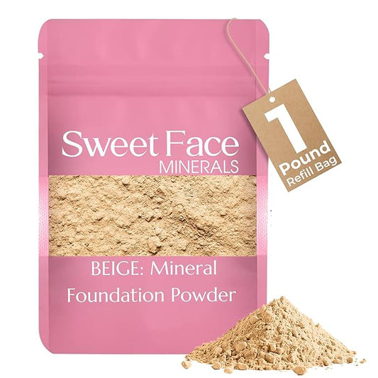 (1 Pound) (Beige) Foundation Powder Refill By Sweet Face Minerals, Lightweight Mineral Loose Makeup Powder with SPF 20, Full Coverage Flawless Finish, Talc-free, Cruelty-Free, Refill Pouch-FemmiqueWomen