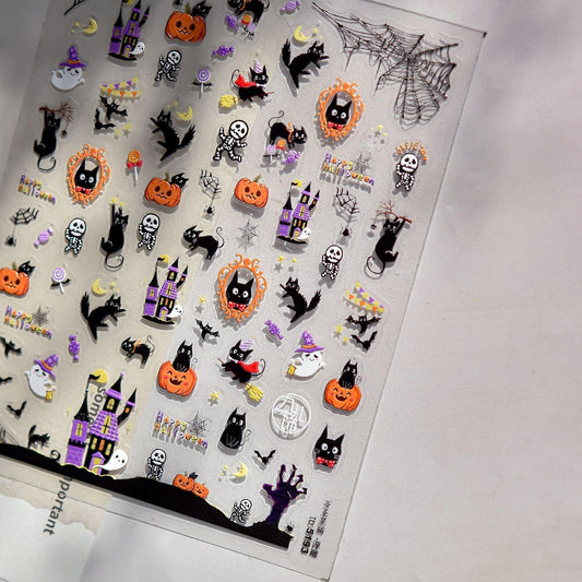 1 Sheets Embossed Halloween Nail Stickers for Nail Art Cute Pumpkin Black Cat Nail Decals Self-Adhesive Horror Ghost Skeleton Nail Art Stickers 5D Spider Web Nail Design Decals for Women-FemmiqueWomen