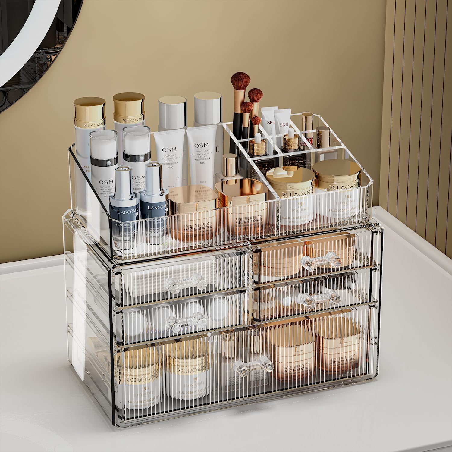 ZHIAI Stackable Organizer, Acrylic Cosmetic Organizer for Dresser, Vanity, Kitchen Cabinet, Bathroom, Under Sink, Home Organization and Storage (1 Top 5 Drawers)-FemmiqueWomen