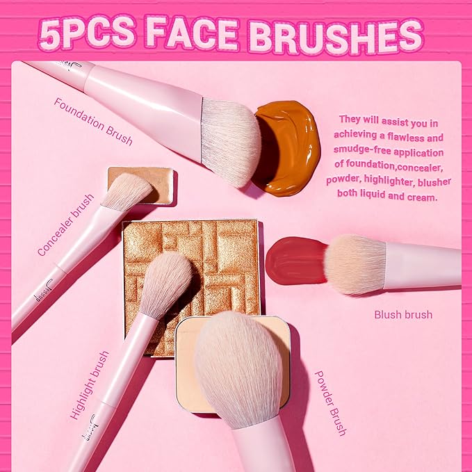 Jessup Pink Makeup Brushes Set 14Pcs Make up Brushes Premium Vegan Foundation Concealer Blush Eyeshadow Eyeliner Powder Highlighter Blending Face Brush Set, T495-FemmiqueWomen