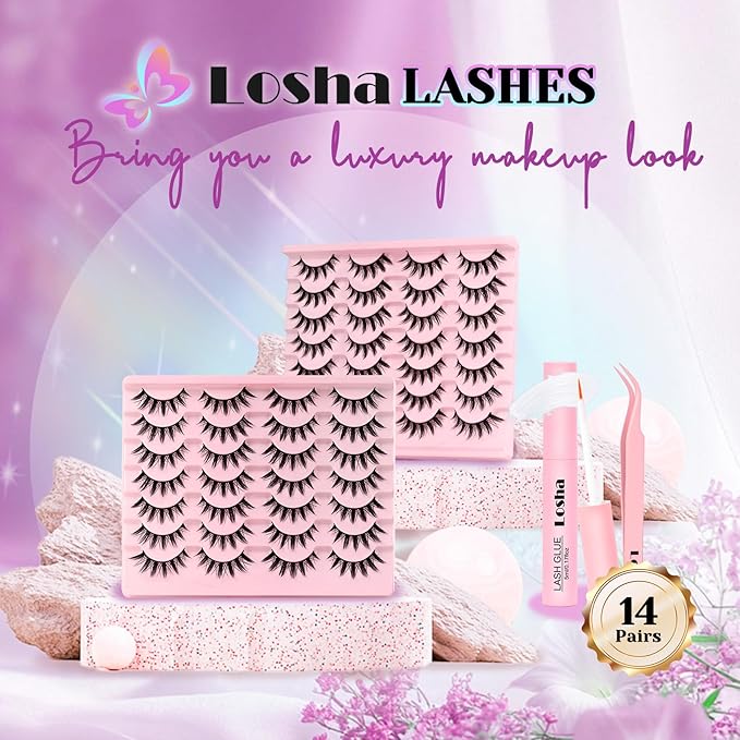 Losha Lashes Spiky Manga Lashes 14 Pairs Wispy False Eyelashes Natural Eye Lashes Kit with Lash Glue and Lash Tweezers Soft Anime Fake Eyelashes (Fairy)-FemmiqueWomen