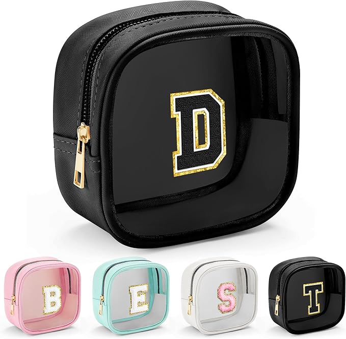 YOOLIFE Initial Makeup Bag Travel Toiletry Bag, Clear Makeup Bag Car Accessories For Women Clear Makeup Bags With Zipper Girlfriend Teacher 7 Year Old Girl Gifts Daughter Gifts Girl Gifts Mini Black D-FemmiqueWomen