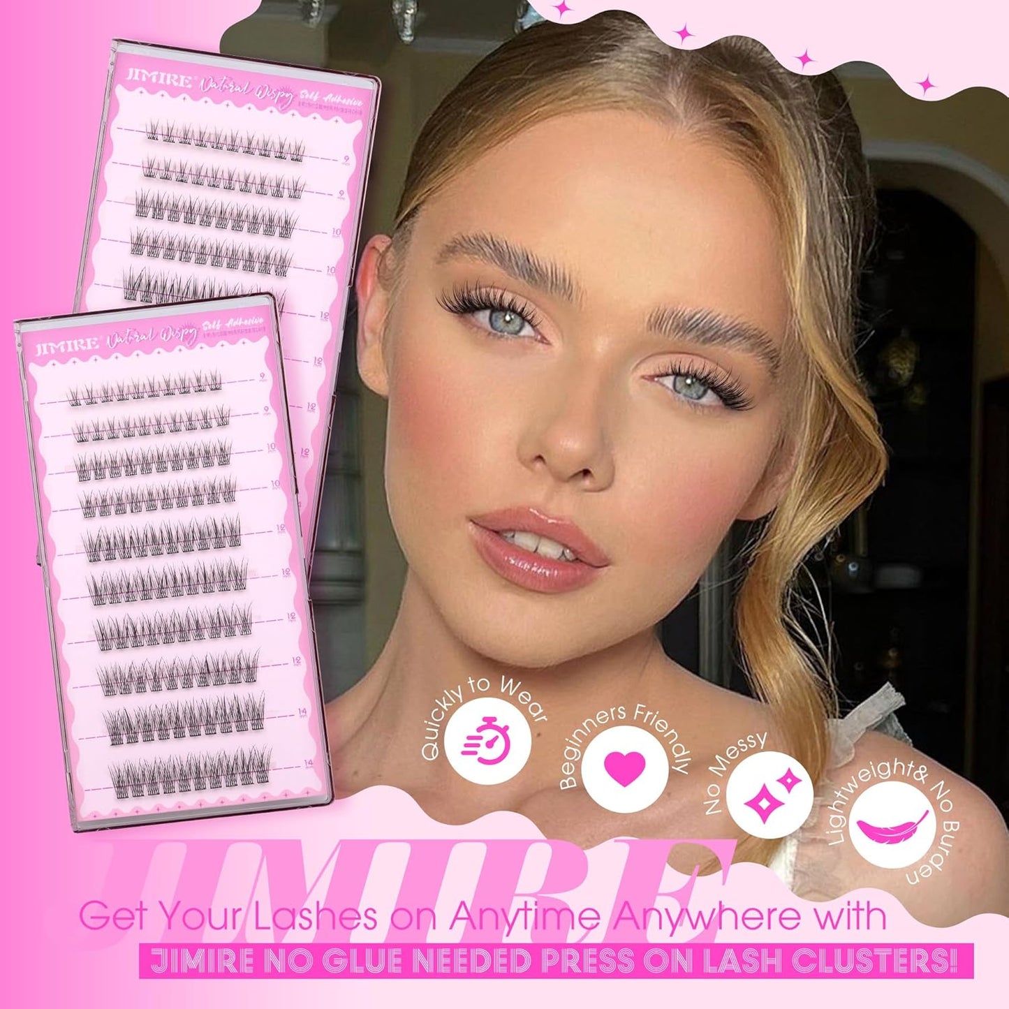 JIMIRE Self Adhesive Eyelashes Natural Look 9-14MM Wispy Pre Glued Lash Clusters No Glue Needed Press on Lashes Clusters Reusable Self Adhesive Eyelash Clusters Easy to Apply-FemmiqueWomen