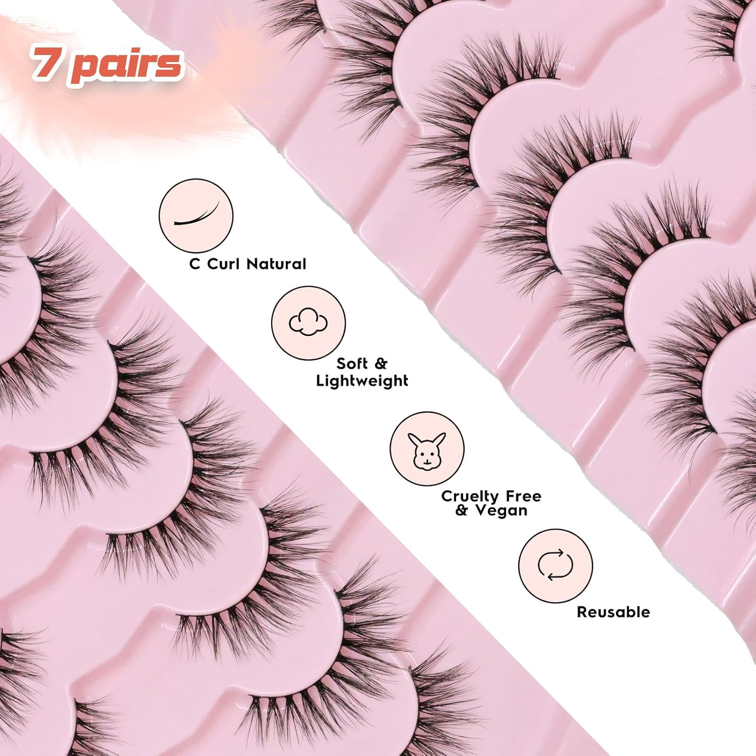Natural Lashes Cateye False Eyelashes Wispy 12mm Cat Eyelashes Short Lash Pack for Small Eyes Eyelash with 0.1MM Thin Cotton Band 3D Volume Fake Eyelashes Siligli Soft Strip Lashes 7 Pairs-FemmiqueWomen