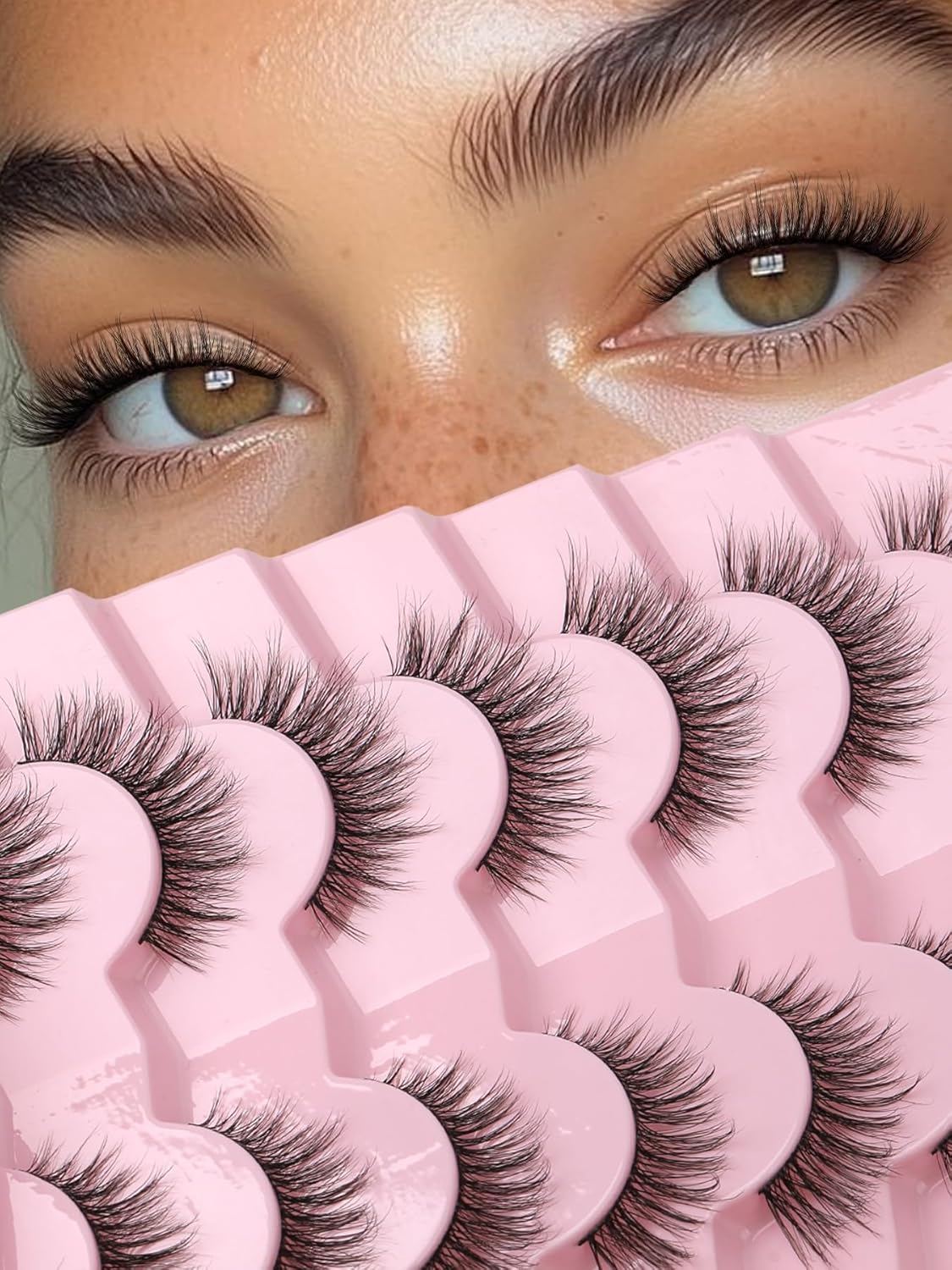 Eyelashes Natural Cat Eye Lashes 16mm Flase Eyelashes Flared Strip Lashes Fluffy False Lashes That Look Like Extensions C Curl Wispy Lashes Siligli Soft Lashes Pack 7 Pair-FemmiqueWomen