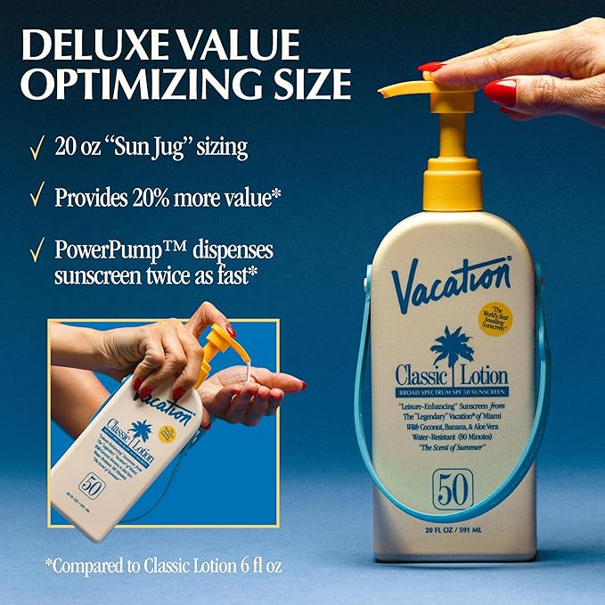 Vacation Classic Lotion SPF 50 Sun Jug, Broad Spectrum Bulk Sunscreen SPF 50, Water Resistant Sunblock, Suntan Lotion with Pump, Vegan, Family-Size, 20 Fl. Oz.-FemmiqueWomen