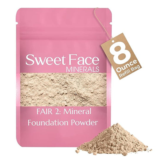 (8 Ounce) (Fair Shade 2) Foundation Powder Refill By Sweet Face Minerals, Lightweight Mineral Loose Makeup Powder with SPF 20, Full Coverage Flawless Finish, Talc-free, Cruelty-Free, Refill Pouch-FemmiqueWomen