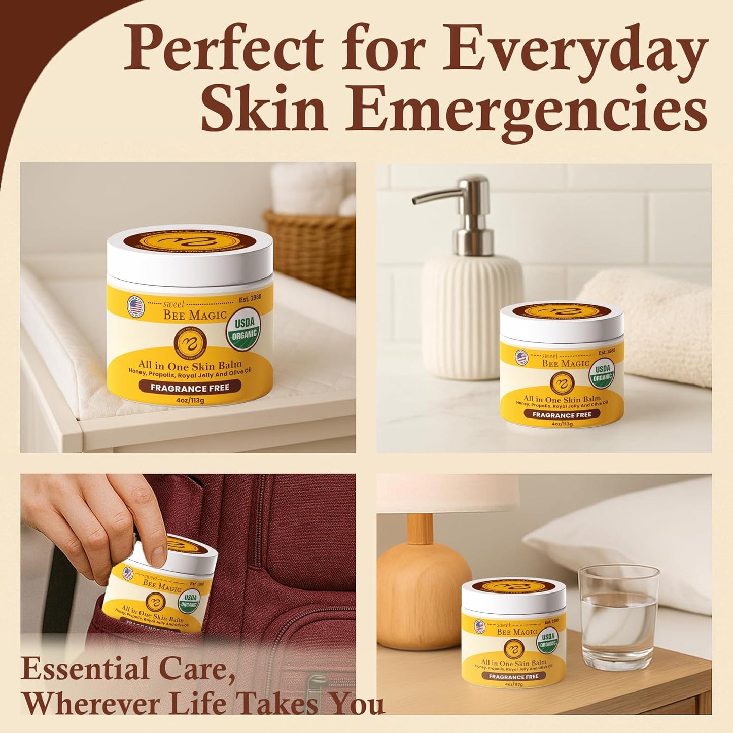 Sweet Bee Naturals - Sweet Bee Magic, All In One Healing Skin Cream. Organic Skin Balm, Small Batch Crafted in USA, 4 Ounce Jar. Certified Organic, 2-4 Ounce Jars (8 Ounce)-FemmiqueWomen