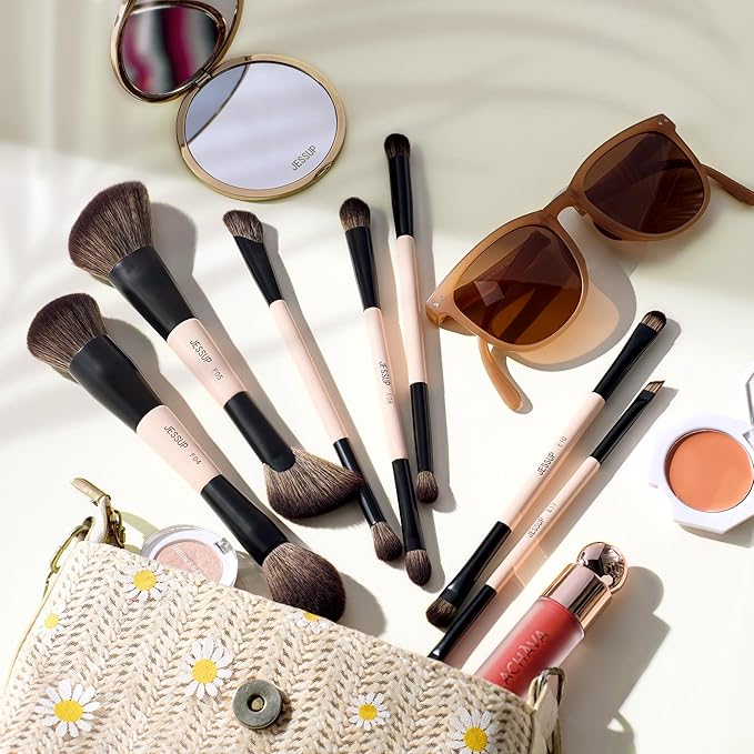 Jessup Makeup Brushes Set 7pcs Double Sided Makeup Brushes for Foundation Concealer Blush Eyeshadow Contour Bronzer Powder Blending Eyebrow Eyeliner, Cruelty-Free Make up Brushes Peach Dust T600-FemmiqueWomen