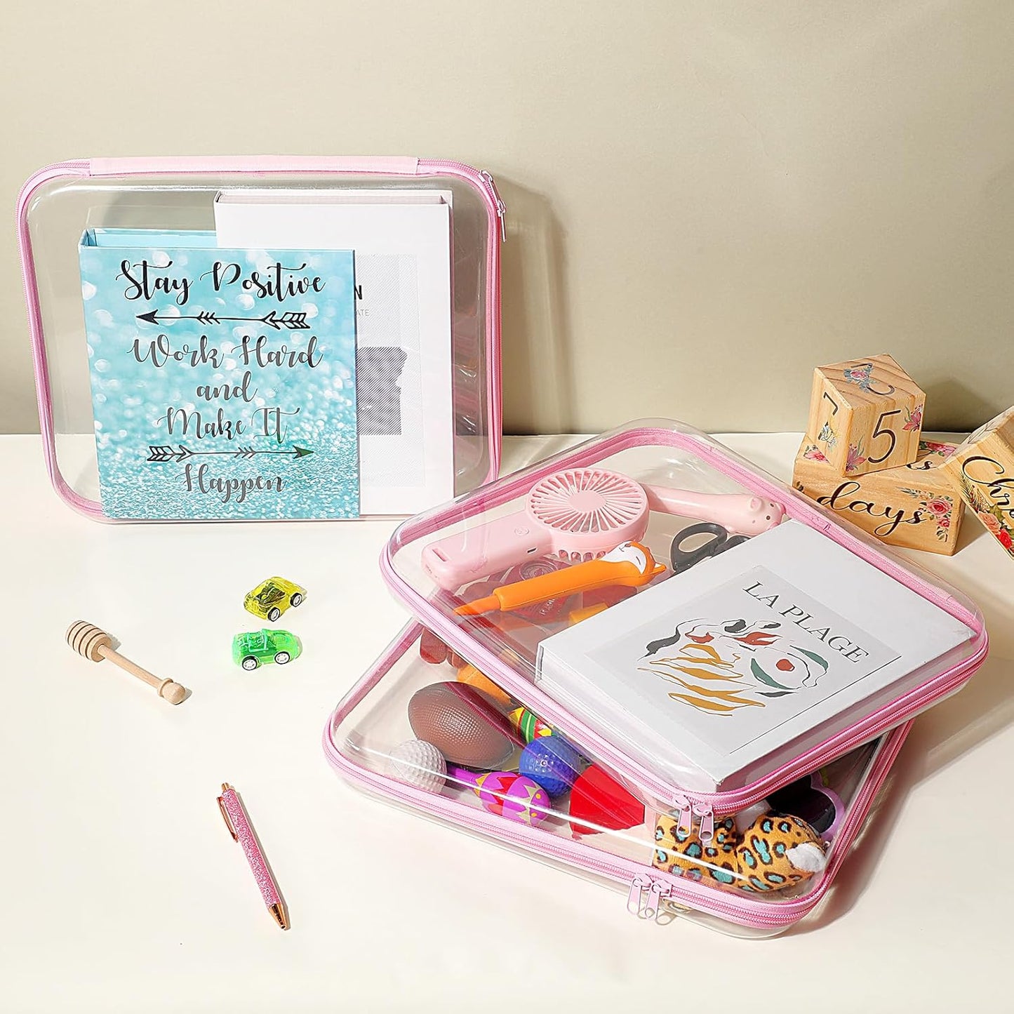 Hoolerry 3 Pcs Clear Hard Zipper Case Plastic Pouch Transparent Hard Case Clear Makeup Bag Portable Travel Organizer Bin for Cosmetics, Building Blocks, Puzzles(Pink,L)-FemmiqueWomen