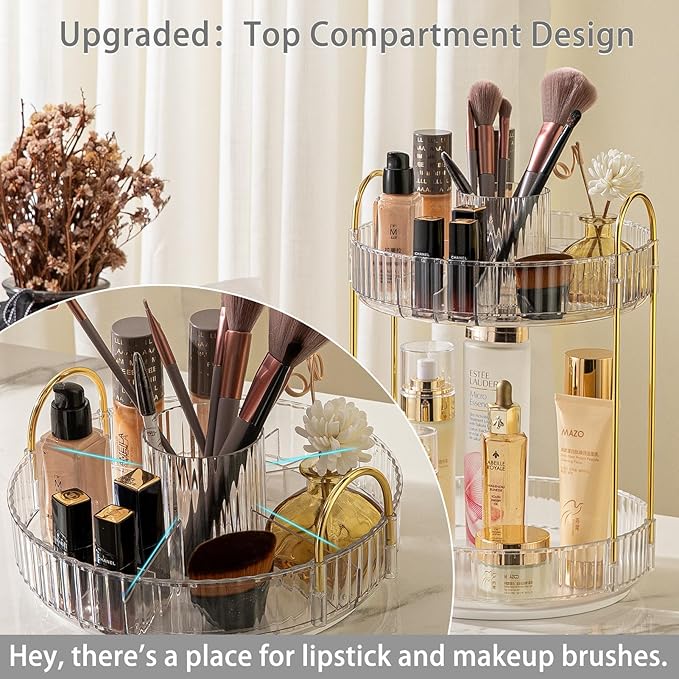 Rotating Makeup Organizer for Vanity, High-Capacity Skincare Clear Make Up Storage Perfume Organizers Cosmetic Dresser Organizer Countertop 360 Spinning (Clear, New-2 Tier)-FemmiqueWomen