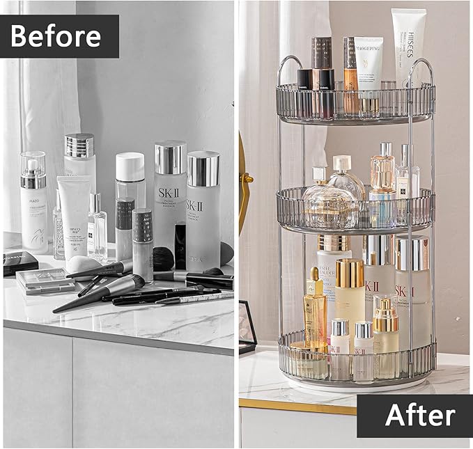 Rotating Makeup Organizer for Vanity, High-Capacity Skincare Clear Make Up Storage Perfume Organizers Cosmetic Dresser Organizer Countertop 360 Spinning (Gray, 3 Tier)-FemmiqueWomen