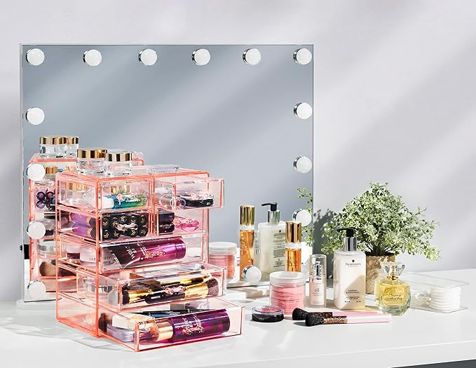 Sorbus Acrylic Makeup Organizer - Organization and Storage Case for Cosmetics Make Up & Jewelry - Big Clear Makeup Organizer for Vanity, Bathroom, College Dorm, Closet, Desk (3 Large, 4 Small Drawers)-FemmiqueWomen