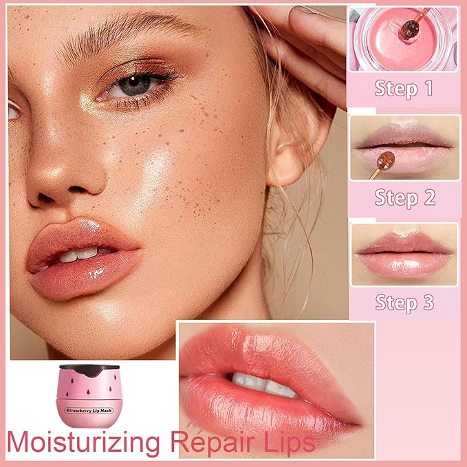 1 PCS Bee Lip Balm Honey Pot, Exfoliating Strawberry Bee Lip Balm Sleeping Lip Mask Overnight with Sticks, Honey Pot Lip Balm Prevention Dry Hydrating and Crack Lip Scrubs-FemmiqueWomen